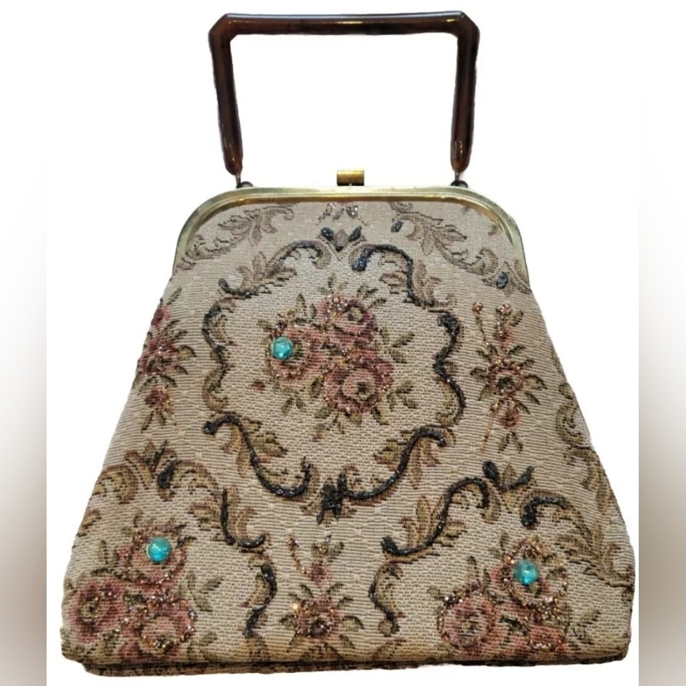 Vintage Tapestry Purse Handbag Tan Decorated Beads Tortoise Handle RARE FIND